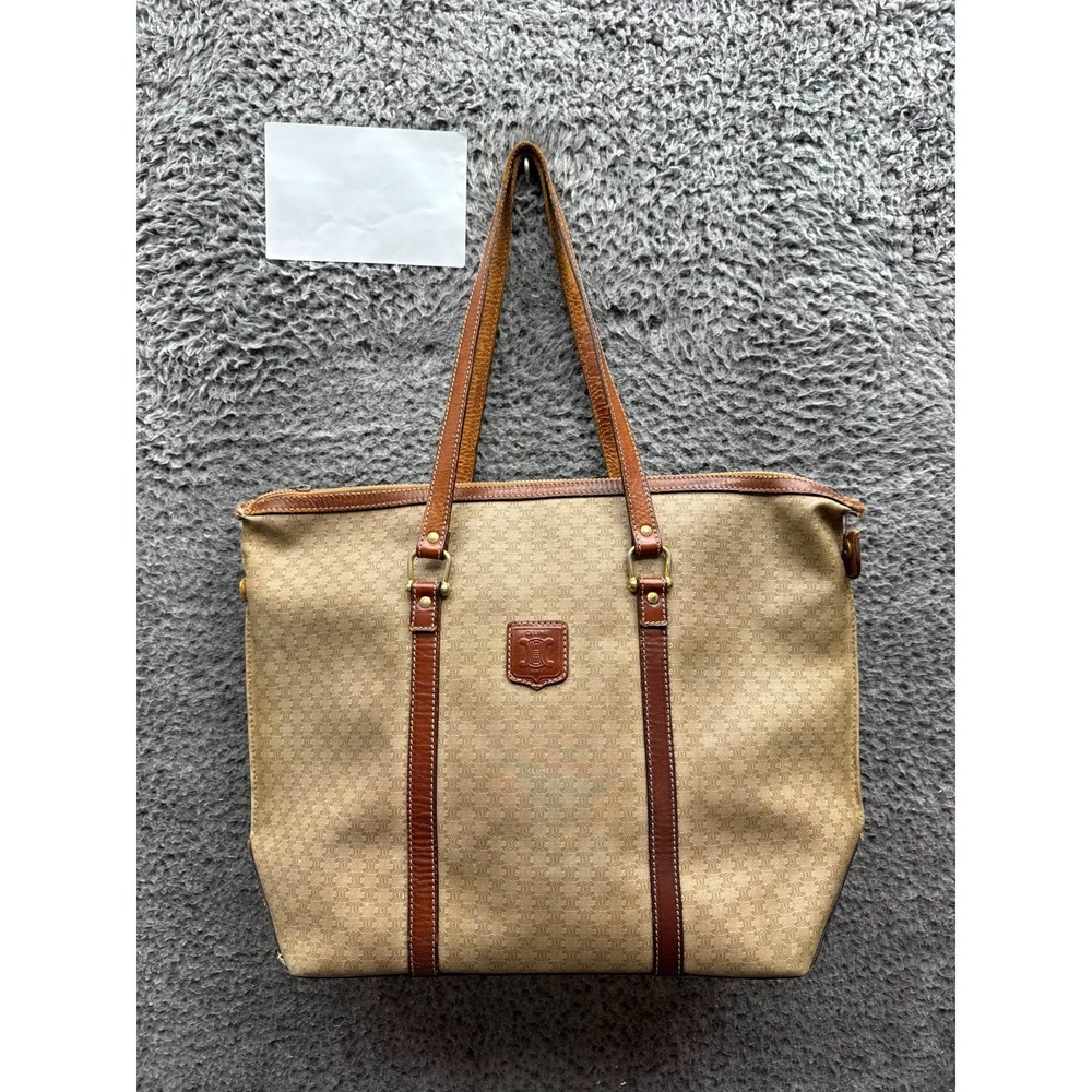 Vintage Celine Paris Macadam Monogram Canvas Leather Trim Tote Bag Beige Brown